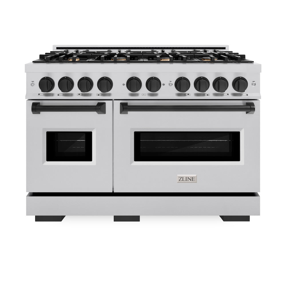 ZLINE Autograph Edition 48 in. 6.7 cu. ft. Classic Double Oven Dual Fuel Range with 8 Burner Gas Cooktop in Stainless Steel and Matte Black Accents (CDRZ-48-MB) front, oven closed.