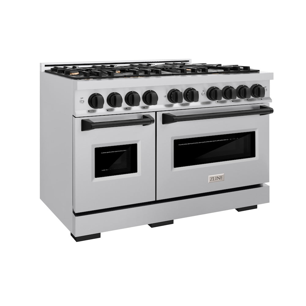 ZLINE Autograph Edition 48 in. 6.7 cu. ft. Classic Double Oven Dual Fuel Range with 8 Burner Gas Cooktop in Stainless Steel and Matte Black Accents (CDRZ-48-MB) main image.