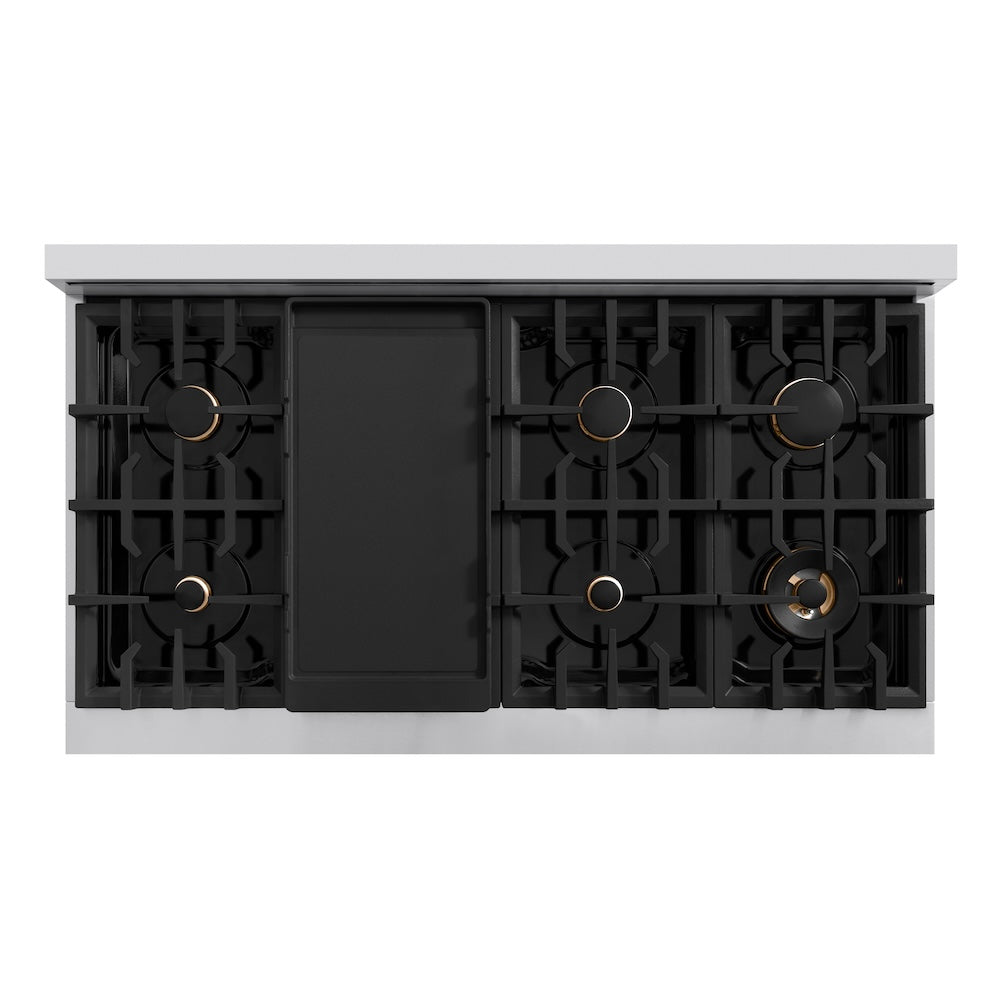 ZLINE Autograph Edition 48 in. 6.7 cu. ft. Classic Double Oven Dual Fuel Range with 8 Burner Gas Cooktop in Stainless Steel and Matte Black Accents (CDRZ-48-MB) top-down, above cooktop.