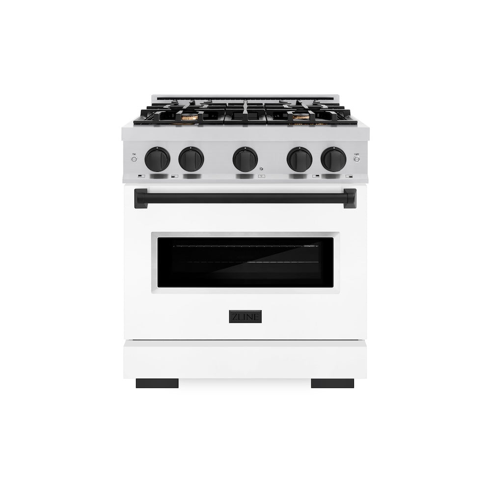 ZLINE Autograph Edition 30 in. 4.2 cu. ft. Classic Dual Fuel Range with 4 Burner Gas Cooktop and Electric Convection Oven in Stainless Steel with White Matte Door and Matte Black Accents, Open Box-Great Condition