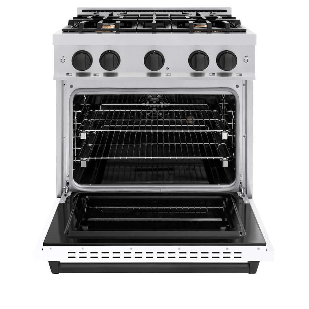ZLINE Autograph Edition 30 in. 4.2 cu. ft. Classic Dual Fuel Range with 4 Burner Gas Cooktop and Electric Convection Oven in Stainless Steel with White Matte Door and Matte Black Accents (CDRZ-WM-30-MB) front, oven open.