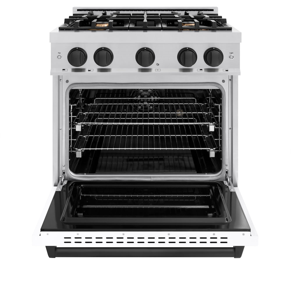 ZLINE Autograph Edition 30 in. 4.2 cu. ft. Classic Dual Fuel Range with 4 Burner Gas Cooktop and Electric Convection Oven in Stainless Steel with White Matte Door and Matte Black Accents, Open Box-Great Condition