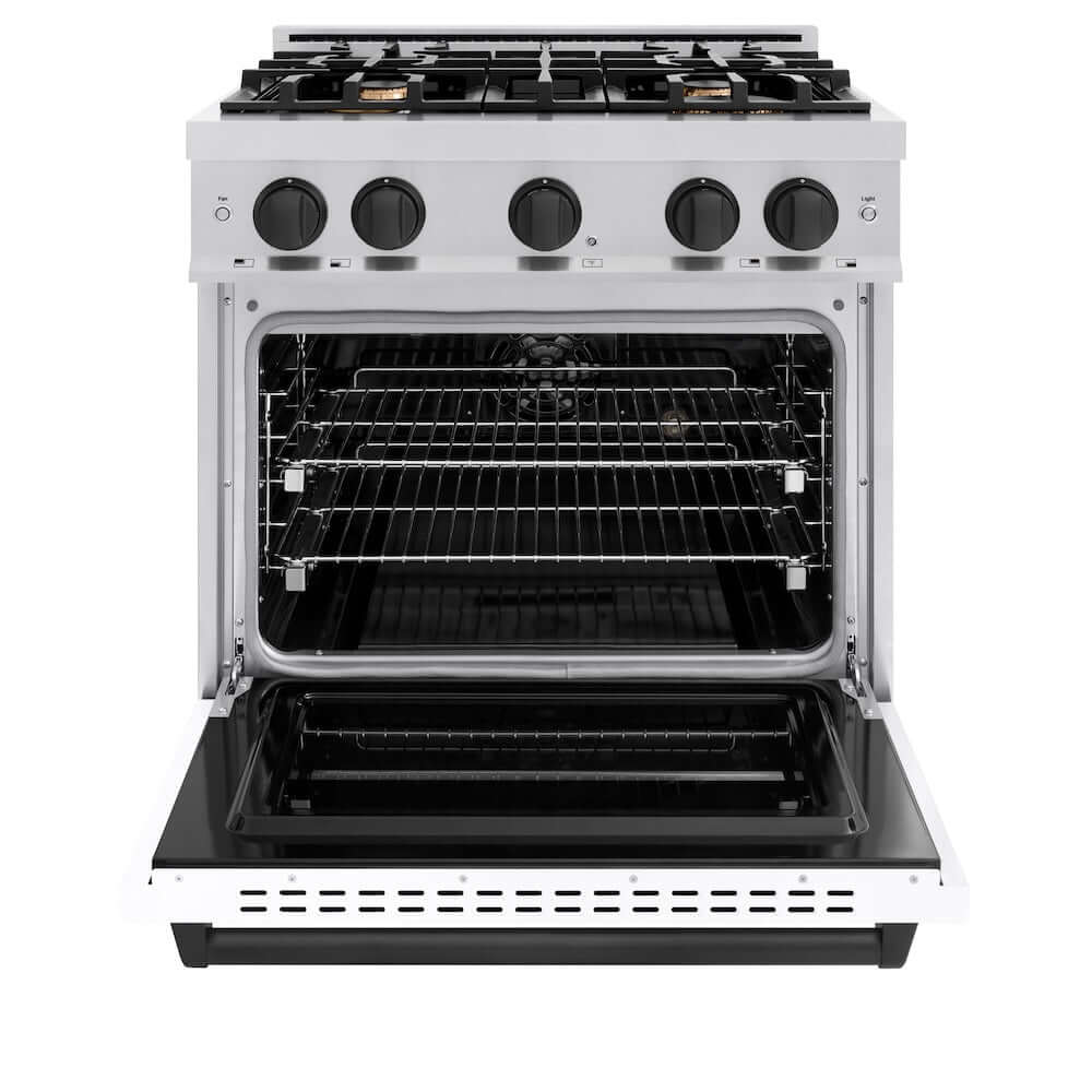 ZLINE Autograph Edition 30 in. 4.2 cu. ft. Classic Dual Fuel Range with 4 Burner Gas Cooktop and Electric Convection Oven in Stainless Steel with White Matte Door and Matte Black Accents, Open Box-Good Condition