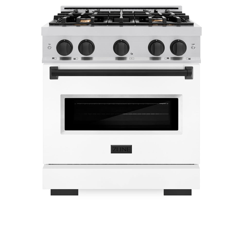 ZLINE Autograph Edition 30 in. 4.2 cu. ft. Classic Dual Fuel Range with 4 Burner Gas Cooktop and Electric Convection Oven in Stainless Steel with White Matte Door and Matte Black Accents (CDRZ-WM-30-MB)