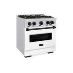 ZLINE Autograph Edition 30 in. 4.2 cu. ft. Classic Dual Fuel Range with 4 Burner Gas Cooktop and Electric Convection Oven in Stainless Steel with White Matte Door and Matte Black Accents (CDRZ-WM-30-MB) side, oven closed.