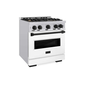 ZLINE Autograph Edition 30 in. 4.2 cu. ft. Classic Dual Fuel Range with 4 Burner Gas Cooktop and Electric Convection Oven in Stainless Steel with White Matte Door and Matte Black Accents (CDRZ-WM-30-MB) main image.