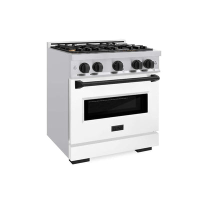 ZLINE Autograph Edition 30 in. 4.2 cu. ft. Classic Dual Fuel Range with 4 Burner Gas Cooktop and Electric Convection Oven in Stainless Steel with White Matte Door and Matte Black Accents (CDRZ-WM-30-MB) side, oven closed.