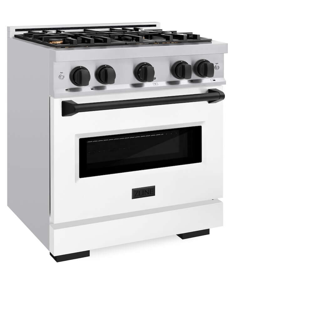 ZLINE Autograph Edition 30 in. 4.2 cu. ft. Classic Dual Fuel Range with 4 Burner Gas Cooktop and Electric Convection Oven in Stainless Steel with White Matte Door and Matte Black Accents, Open Box-Good Condition