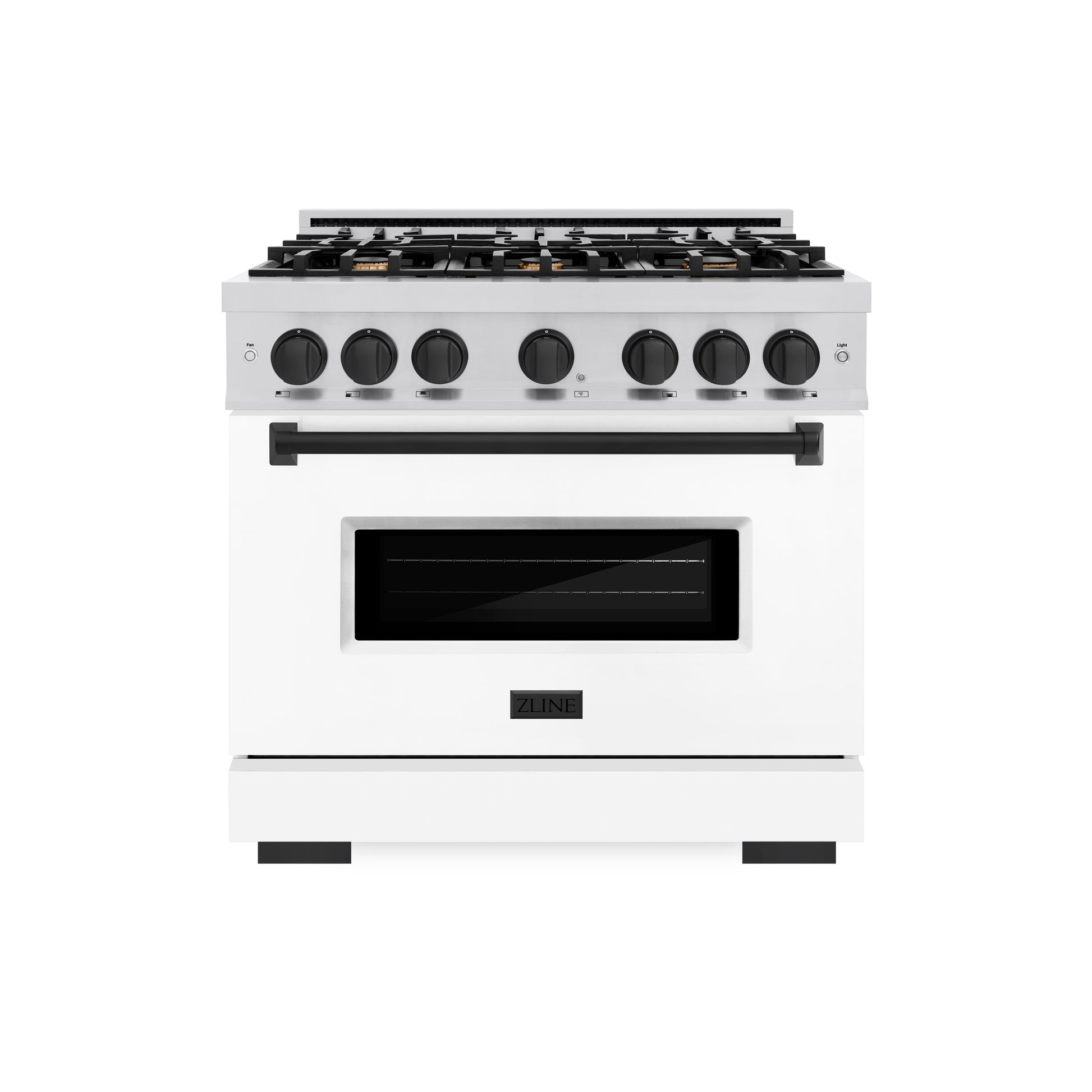 ZLINE Autograph Edition 36 in. 5.2 cu. ft. Classic Dual Fuel Range with 6 Burner Gas Cooktop and Electric Convection Oven in Stainless Steel with White Matte Door and Matte Black Accents, Open Box-Great Condition