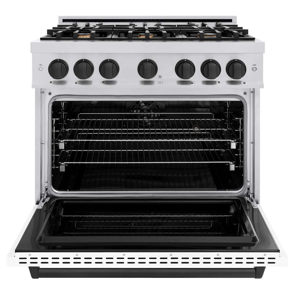 ZLINE Autograph Edition 36 in. 5.2 cu. ft. Classic Dual Fuel Range with 6 Burner Gas Cooktop and Electric Convection Oven in Stainless Steel with White Matte Door and Matte Black Accents (CDRZ-WM-36-MB) front, oven open.