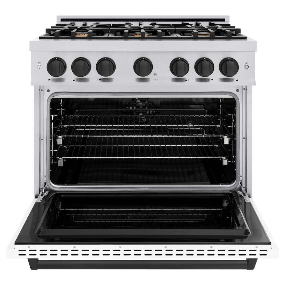 ZLINE Autograph Edition 36 in. 5.2 cu. ft. Classic Dual Fuel Range with 6 Burner Gas Cooktop and Electric Convection Oven in Stainless Steel with White Matte Door and Matte Black Accents, Open Box-Good Condition