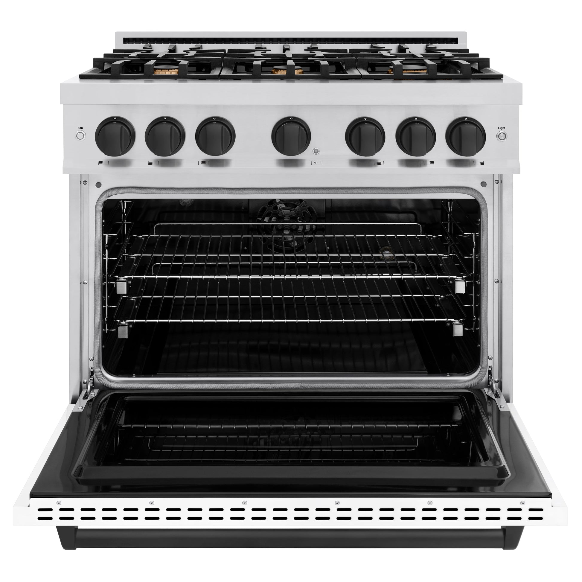 ZLINE Autograph Edition 36 in. 5.2 cu. ft. Classic Dual Fuel Range with 6 Burner Gas Cooktop and Electric Convection Oven in Stainless Steel with White Matte Door and Matte Black Accents, Open Box-Great Condition