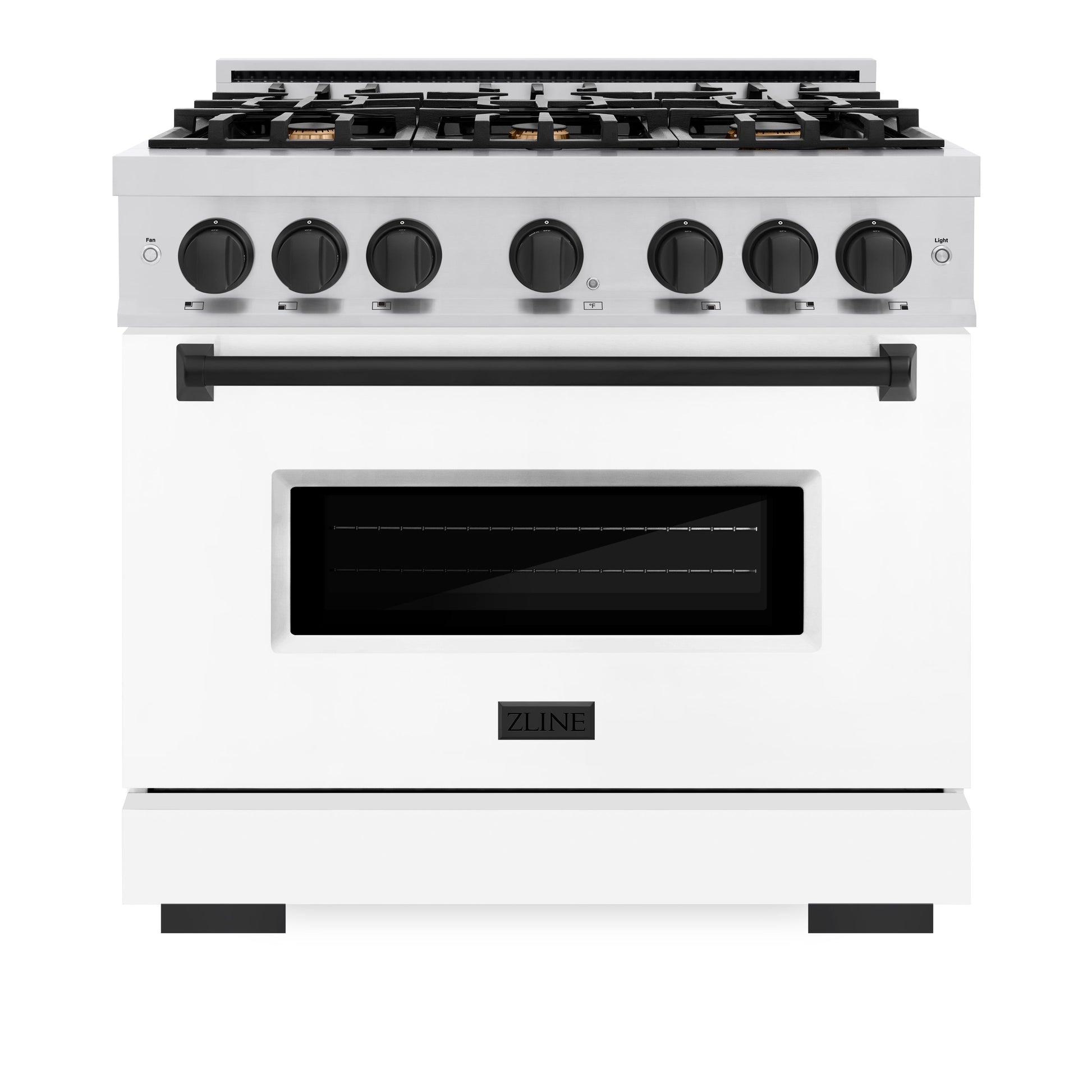 ZLINE Autograph Edition 36 in. 5.2 cu. ft. Classic Dual Fuel Range with 6 Burner Gas Cooktop and Electric Convection Oven in Stainless Steel with White Matte Door and Matte Black Accents, Open Box-Great Condition
