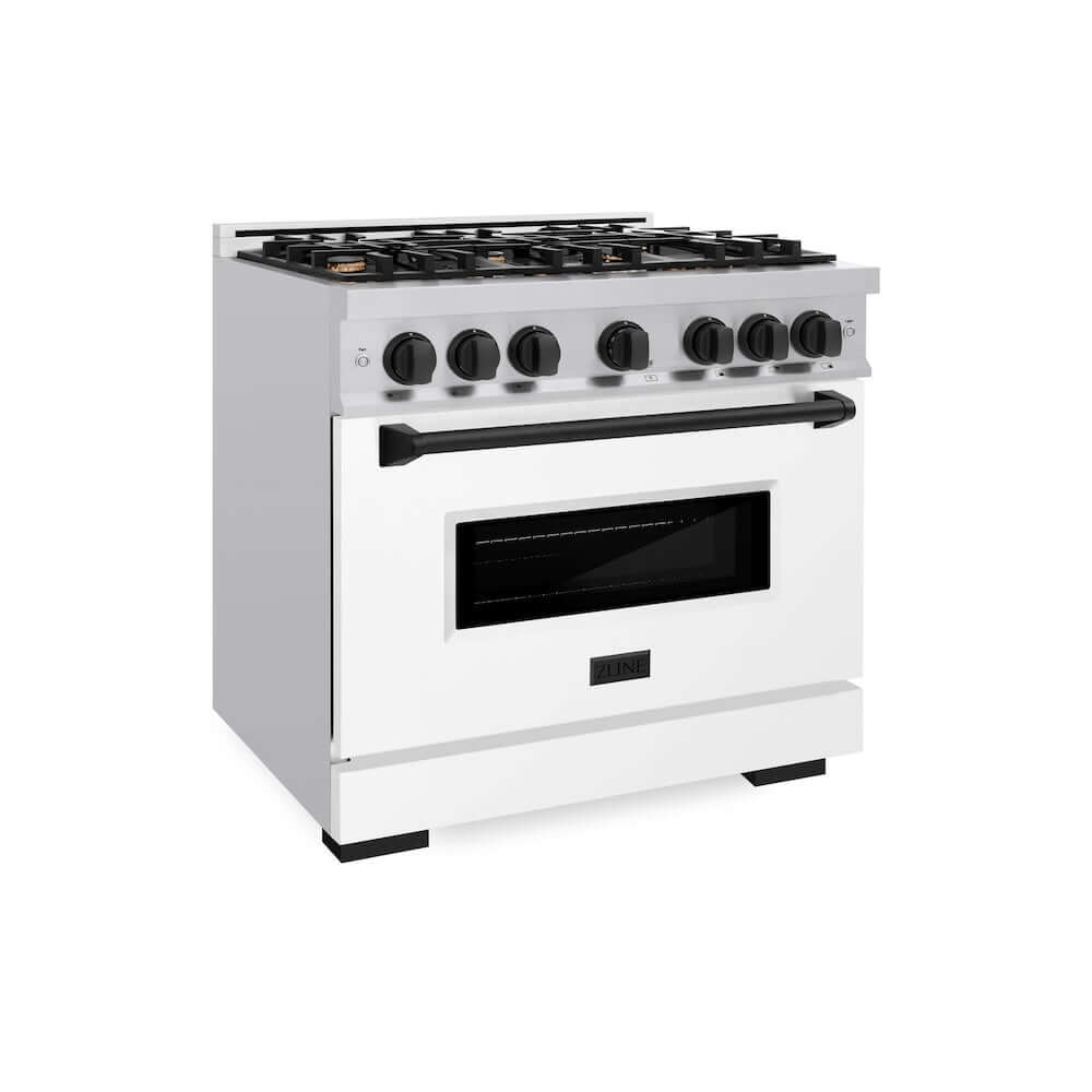 ZLINE Autograph Edition 36 in. 5.2 cu. ft. Classic Dual Fuel Range with 6 Burner Gas Cooktop and Electric Convection Oven in Stainless Steel with White Matte Door and Matte Black Accents (CDRZ-WM-36-MB) main image.