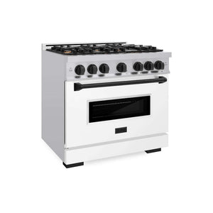 ZLINE Autograph Edition 36 in. 5.2 cu. ft. Classic Dual Fuel Range with 6 Burner Gas Cooktop and Electric Convection Oven in Stainless Steel with White Matte Door and Matte Black Accents (CDRZ-WM-36-MB) main image.