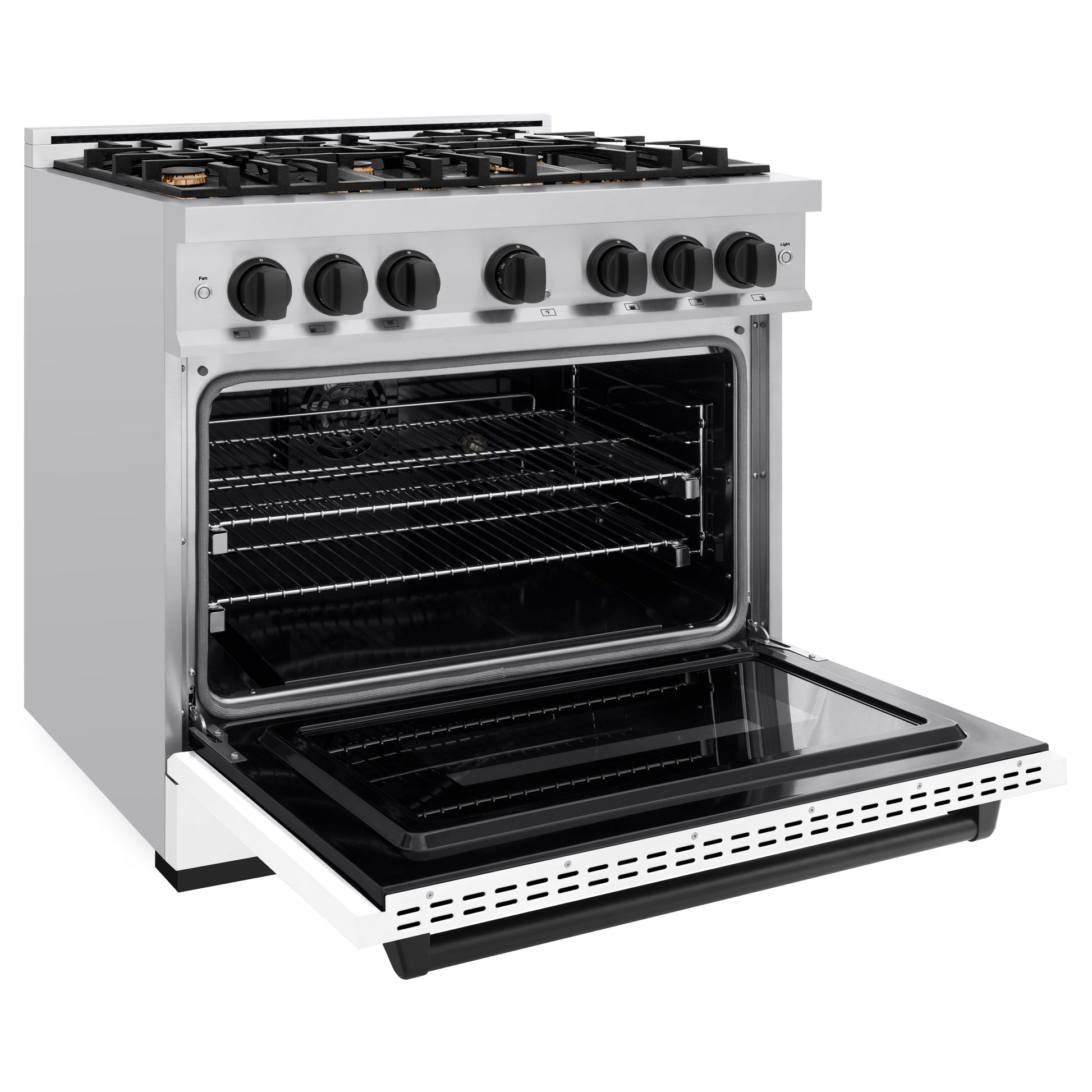 ZLINE Autograph Edition 36 in. 5.2 cu. ft. Classic Dual Fuel Range with 6 Burner Gas Cooktop and Electric Convection Oven in Stainless Steel with White Matte Door and Matte Black Accents, Open Box-Great Condition