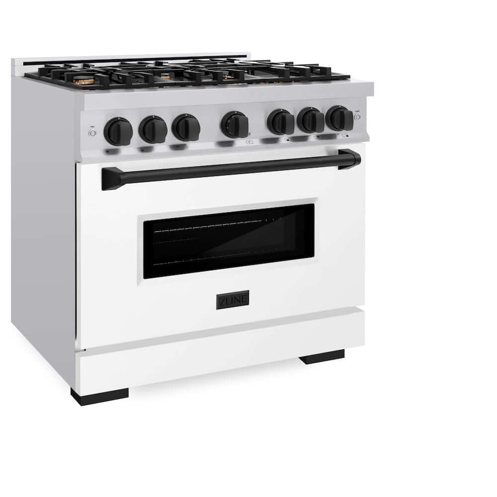 ZLINE Autograph Edition 36 in. 5.2 cu. ft. Classic Dual Fuel Range with 6 Burner Gas Cooktop and Electric Convection Oven in Stainless Steel with White Matte Door and Matte Black Accents, Open Box-Good Condition