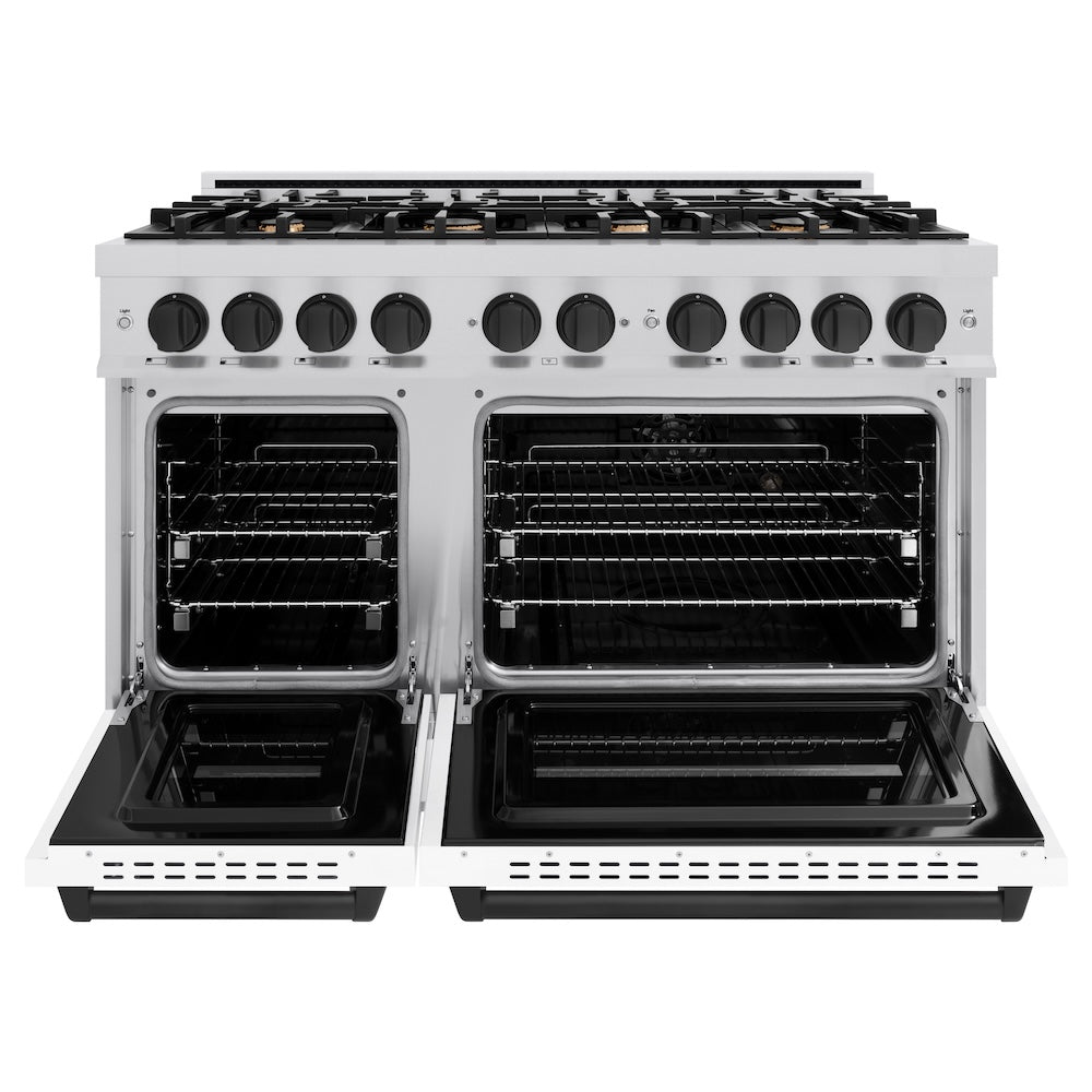 ZLINE Autograph Edition 48 in. 6.7 cu. ft. Classic Double Oven Dual Fuel Range with 8 Burner Gas Cooktop in Stainless Steel with White Matte Door and Matte Black Accents, Open Box-Great Condition