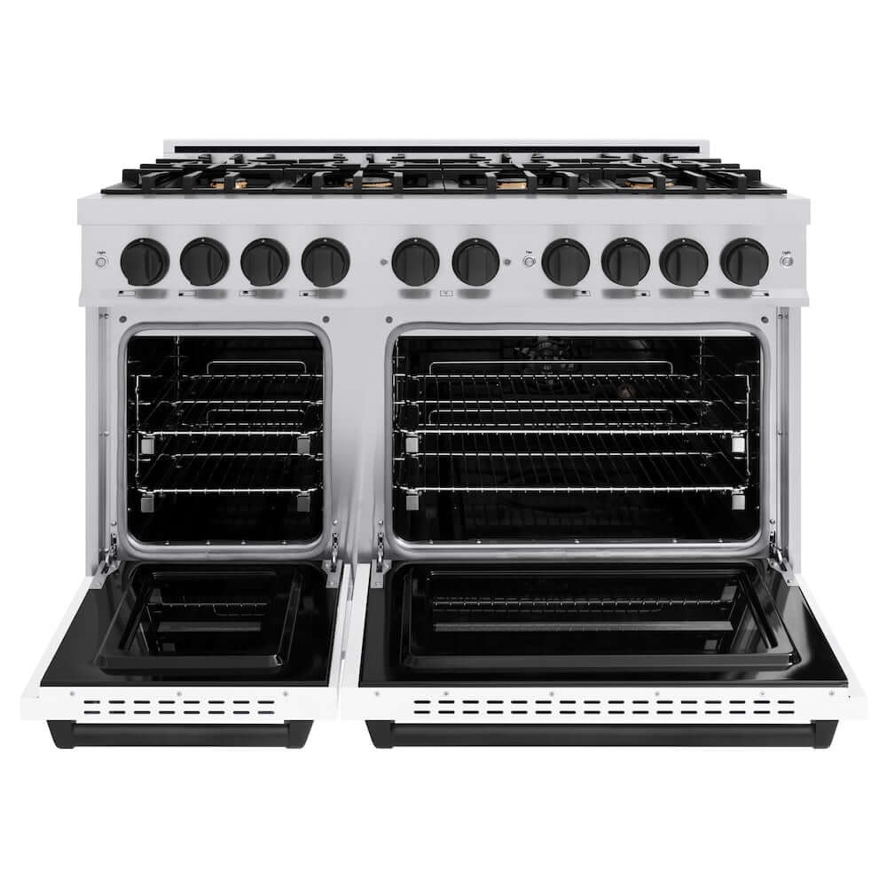 ZLINE Autograph Edition 48 in. 6.7 cu. ft. Classic Double Oven Dual Fuel Range with 8 Burner Gas Cooktop in Stainless Steel with White Matte Door and Matte Black Accents, Open Box-Good Condition
