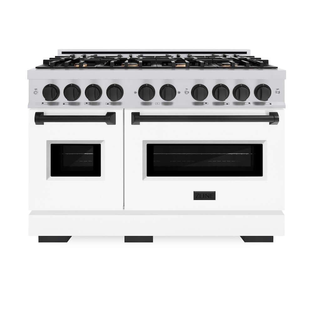 ZLINE Autograph Edition 48 in. 6.7 cu. ft. Classic Double Oven Dual Fuel Range with 8 Burner Gas Cooktop in Stainless Steel with White Matte Door and Matte Black Accents, Open Box-Good Condition