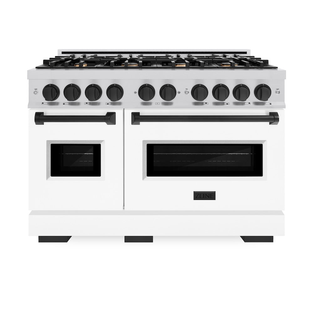 ZLINE Autograph Edition 48 in. 6.7 cu. ft. Classic Double Oven Dual Fuel Range with 8 Burner Gas Cooktop in Stainless Steel with White Matte Door and Matte Black Accents, Open Box-Great Condition