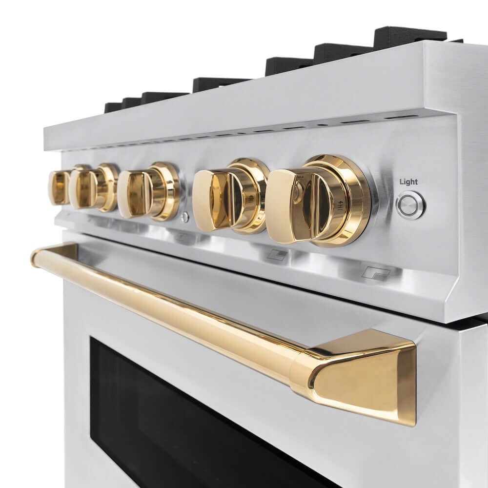 ZLINE Autograph Edition 30 in. 4.2 cu. ft. Classic Dual Fuel Range with 4 Burner Gas Cooktop and Electric Convection Oven in Stainless Steel with Polished Gold Accents, Open Box-Good Condition