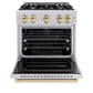 ZLINE Autograph Edition 30 in. 4.2 cu. ft. Classic Dual Fuel Range with 4 Burner Gas Cooktop and Electric Convection Oven in Stainless Steel with Polished Gold Accents (CDRZ-30-G) front, oven open.