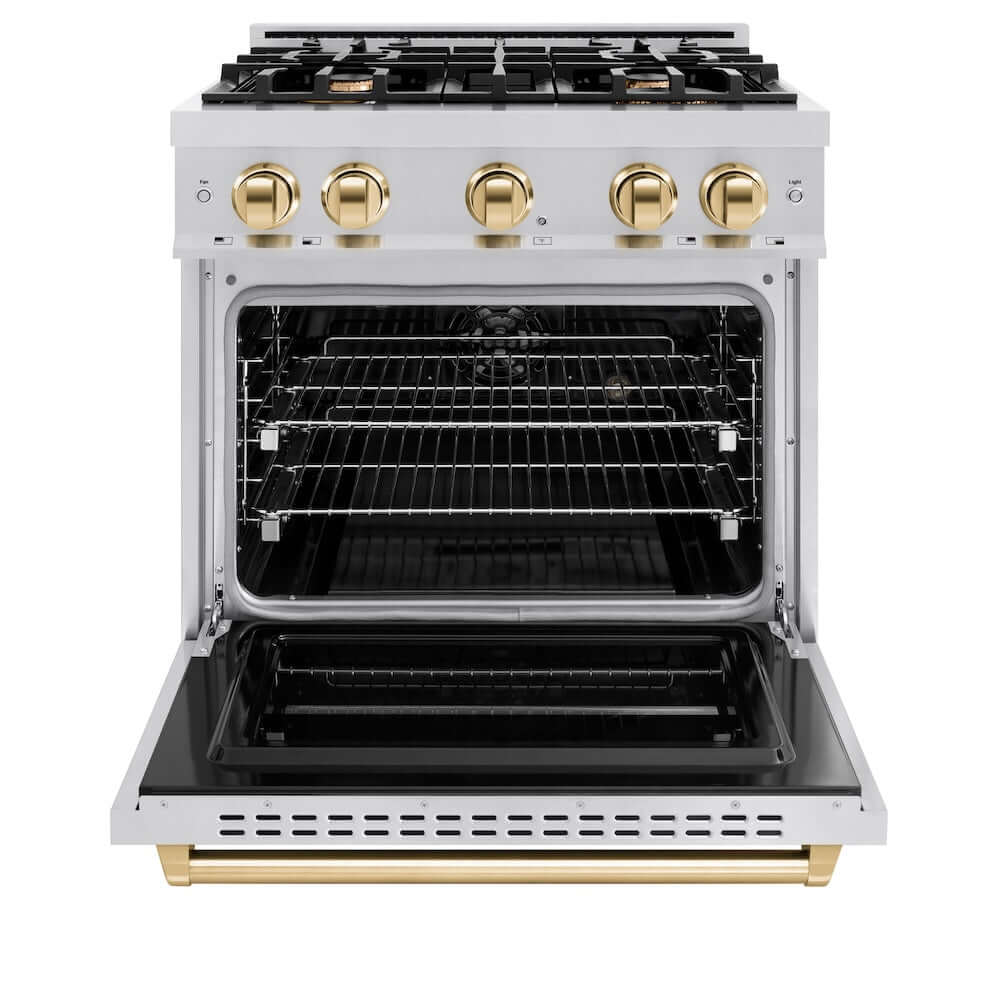 ZLINE Autograph Edition 30 in. 4.2 cu. ft. Classic Dual Fuel Range with 4 Burner Gas Cooktop and Electric Convection Oven in Stainless Steel with Polished Gold Accents, Open Box-Good Condition