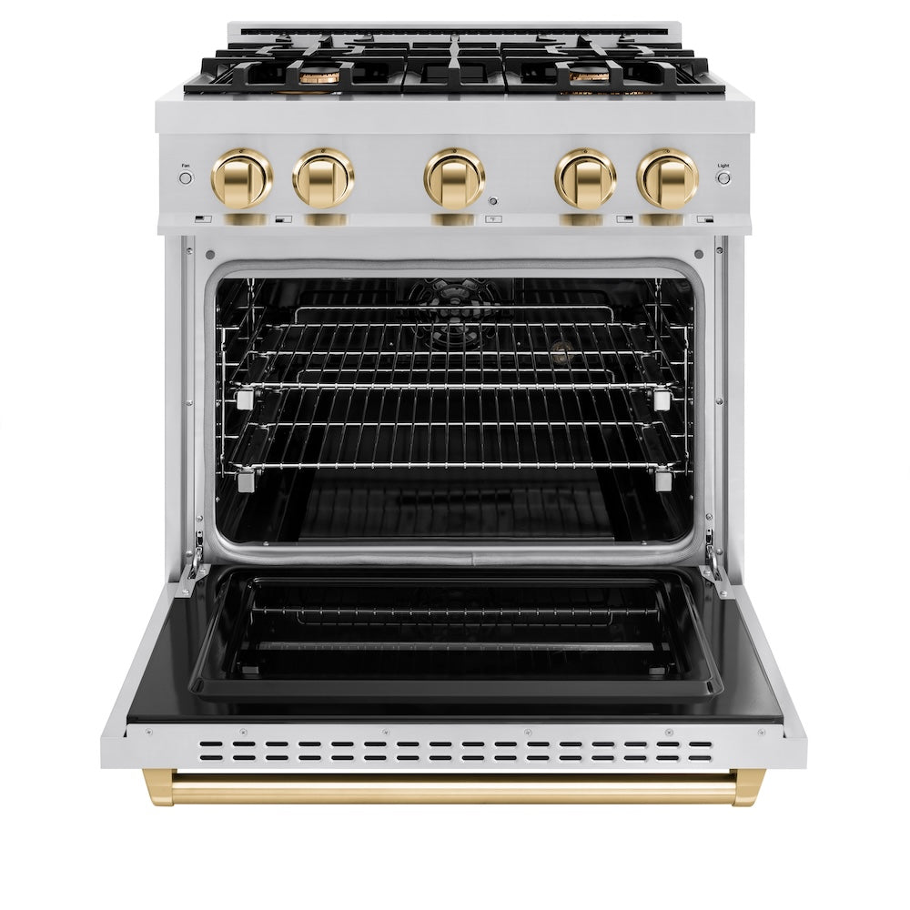 ZLINE Autograph Edition 30 in. 4.2 cu. ft. Classic Dual Fuel Range with 4 Burner Gas Cooktop and Electric Convection Oven in Stainless Steel with Polished Gold Accents, Open Box-Great Condition