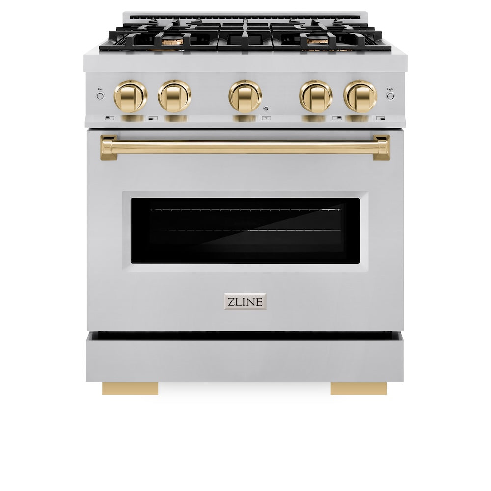 ZLINE Autograph Edition 30 in. 4.2 cu. ft. Classic Dual Fuel Range with 4 Burner Gas Cooktop and Electric Convection Oven in Stainless Steel with Polished Gold Accents (CDRZ-30-G)