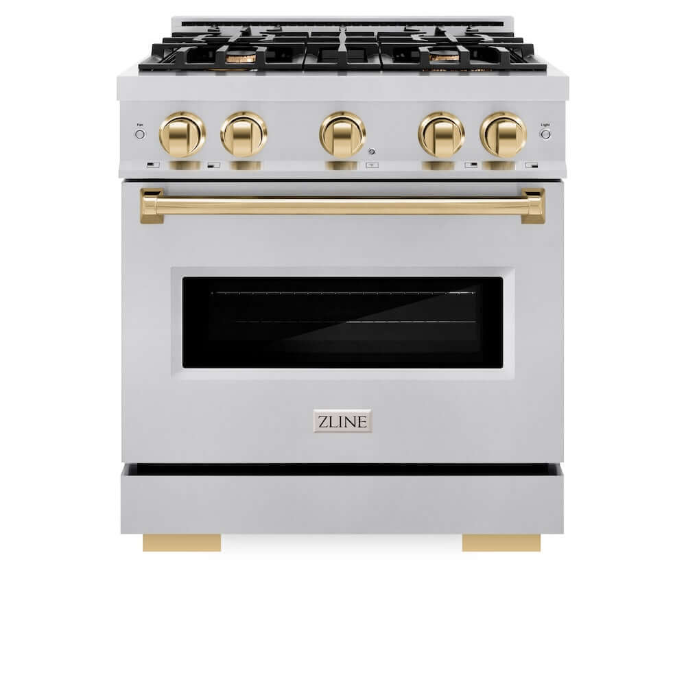 ZLINE Autograph Edition 30 in. 4.2 cu. ft. Classic Dual Fuel Range with 4 Burner Gas Cooktop and Electric Convection Oven in Stainless Steel with Polished Gold Accents (CDRZ-30-G) front, oven closed.