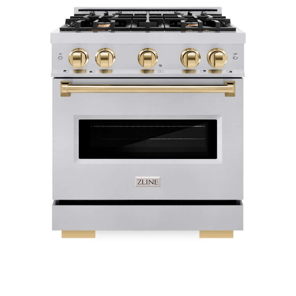 ZLINE Autograph Edition 30 in. 4.2 cu. ft. Classic Dual Fuel Range with 4 Burner Gas Cooktop and Electric Convection Oven in Stainless Steel with Polished Gold Accents, Open Box-Good Condition