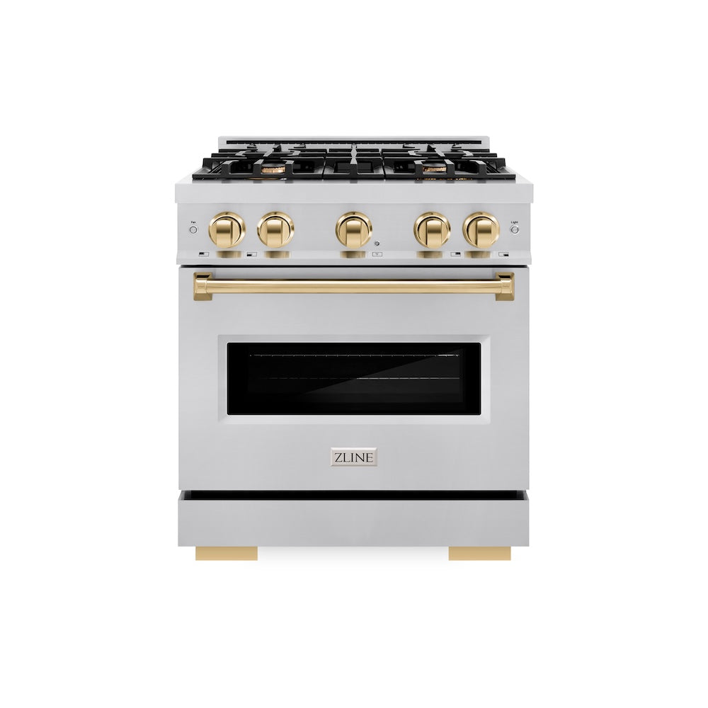 ZLINE Autograph Edition 30 in. 4.2 cu. ft. Classic Dual Fuel Range with 4 Burner Gas Cooktop and Electric Convection Oven in Stainless Steel with Polished Gold Accents, Open Box-Great Condition