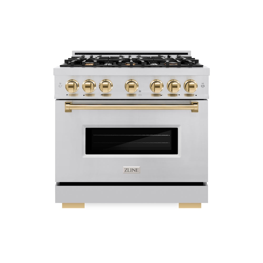 ZLINE Autograph Edition 36 in. 5.2 cu. ft. Classic Dual Fuel Range with 6 Burner Gas Cooktop and Electric Convection Oven in Stainless Steel with Polished Gold Accents, Open Box-Great Condition