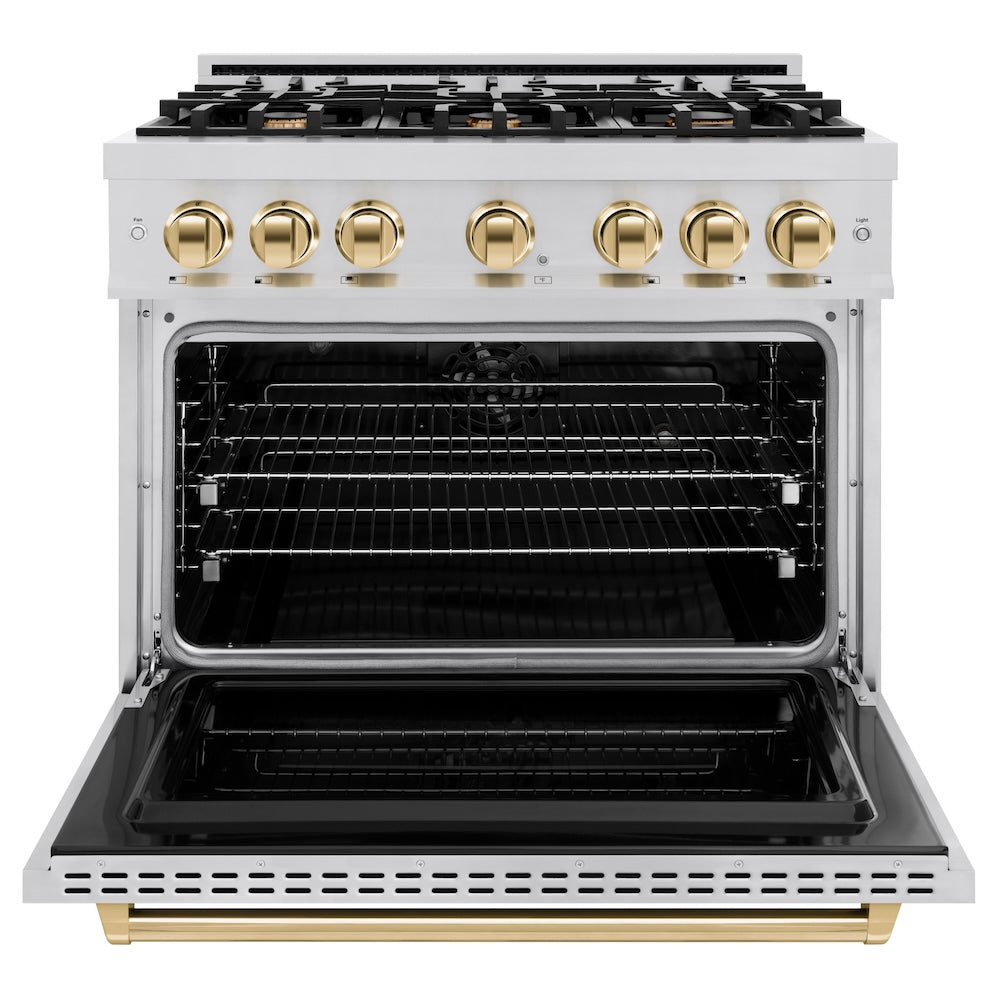 ZLINE Autograph Edition 36 in. 5.2 cu. ft. Classic Dual Fuel Range with 6 Burner Gas Cooktop and Electric Convection Oven in Stainless Steel with Polished Gold Accents, Open Box-Great Condition