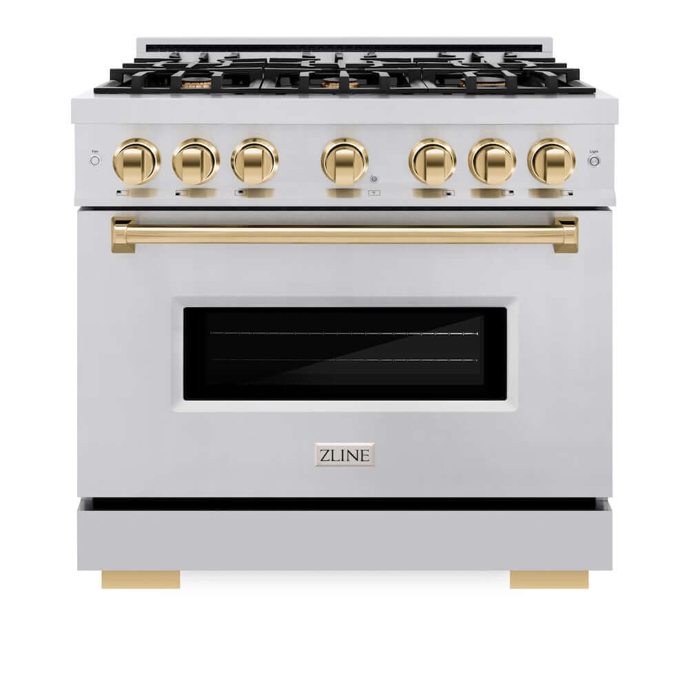 ZLINE Autograph Edition 36 in. 5.2 cu. ft. Classic Dual Fuel Range with 6 Burner Gas Cooktop and Electric Convection Oven in Stainless Steel with Polished Gold Accents, Open Box-Good Condition