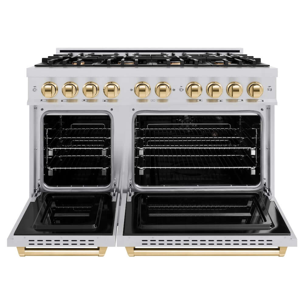ZLINE Autograph Edition 48 in. 6.7 cu. ft. Classic Double Oven Dual Fuel Range with 8 Burner Gas Cooktop in Stainless Steel and Polished Gold Accents, Open Box-Good Condition