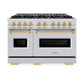 ZLINE Autograph Edition 48 in. 6.7 cu. ft. Classic Double Oven Dual Fuel Range with 8 Burner Gas Cooktop in Stainless Steel and Polished Gold Accents (CDRZ-48-G) front, oven closed.