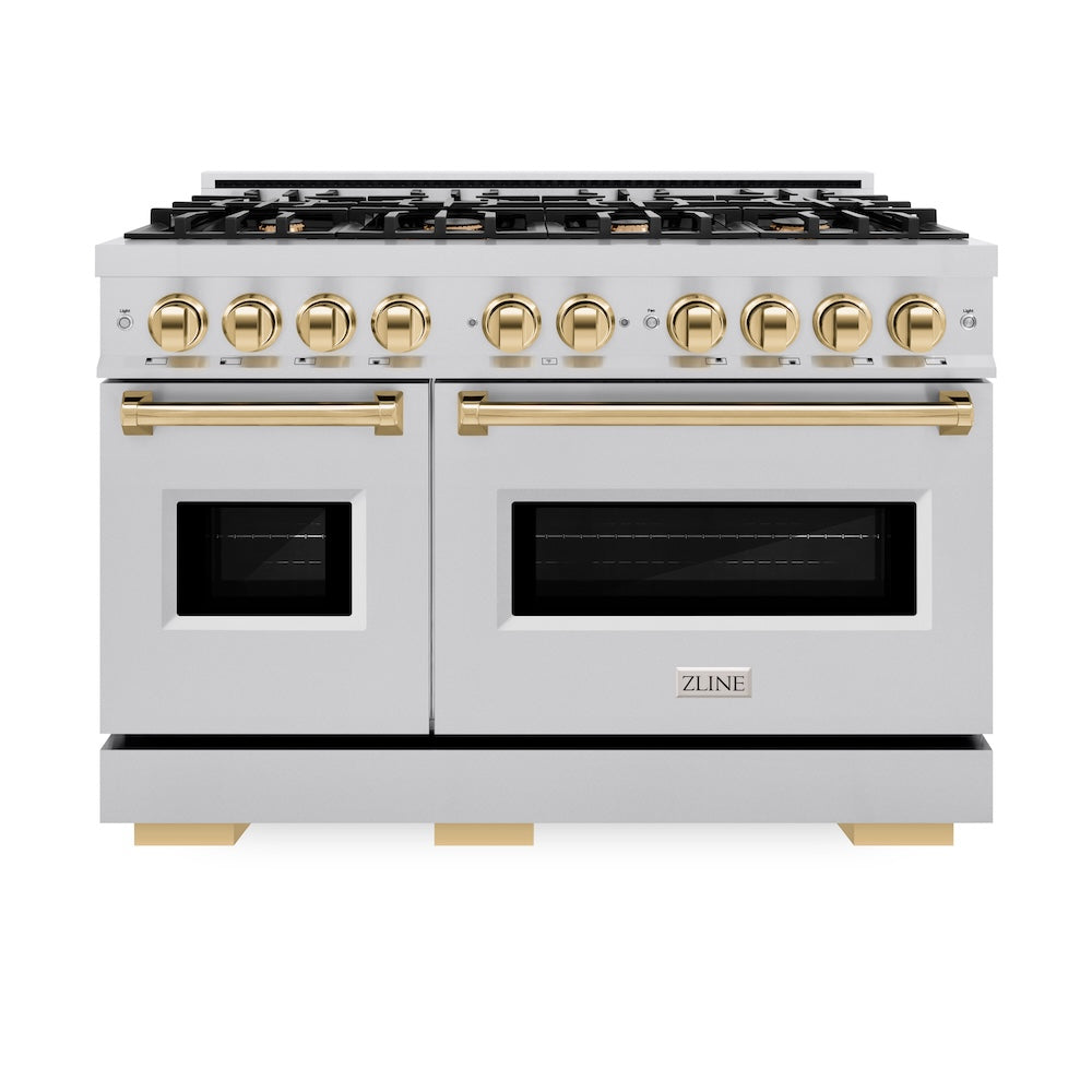 ZLINE Autograph Edition 48 in. 6.7 cu. ft. Classic Double Oven Dual Fuel Range with 8 Burner Gas Cooktop in Stainless Steel and Polished Gold Accents, Open Box-Great Condition