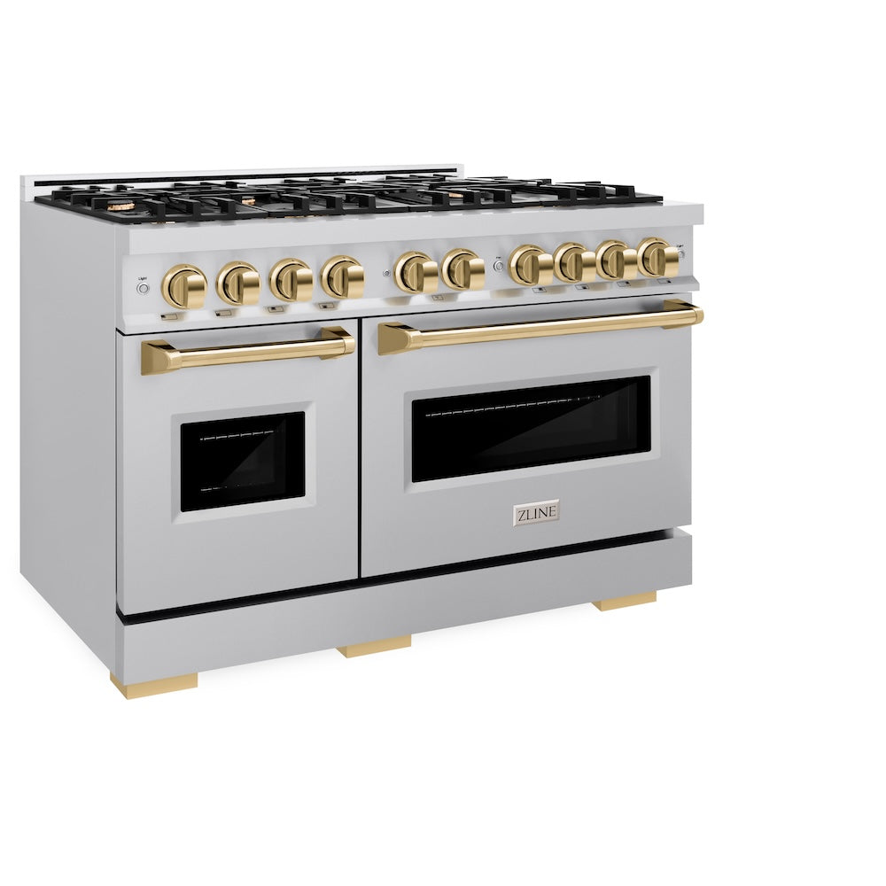 ZLINE Autograph Edition 48 in. 6.7 cu. ft. Classic Double Oven Dual Fuel Range with 8 Burner Gas Cooktop in Stainless Steel and Polished Gold Accents (CDRZ-48-G)