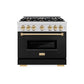 ZLINE Autograph Edition 36 in. 5.2 cu. ft. Classic Dual Fuel Range with 6 Burner Gas Cooktop and Electric Convection Oven in Stainless Steel with Black Matte Door and Polished Gold Accents, Open Box-Great Condition