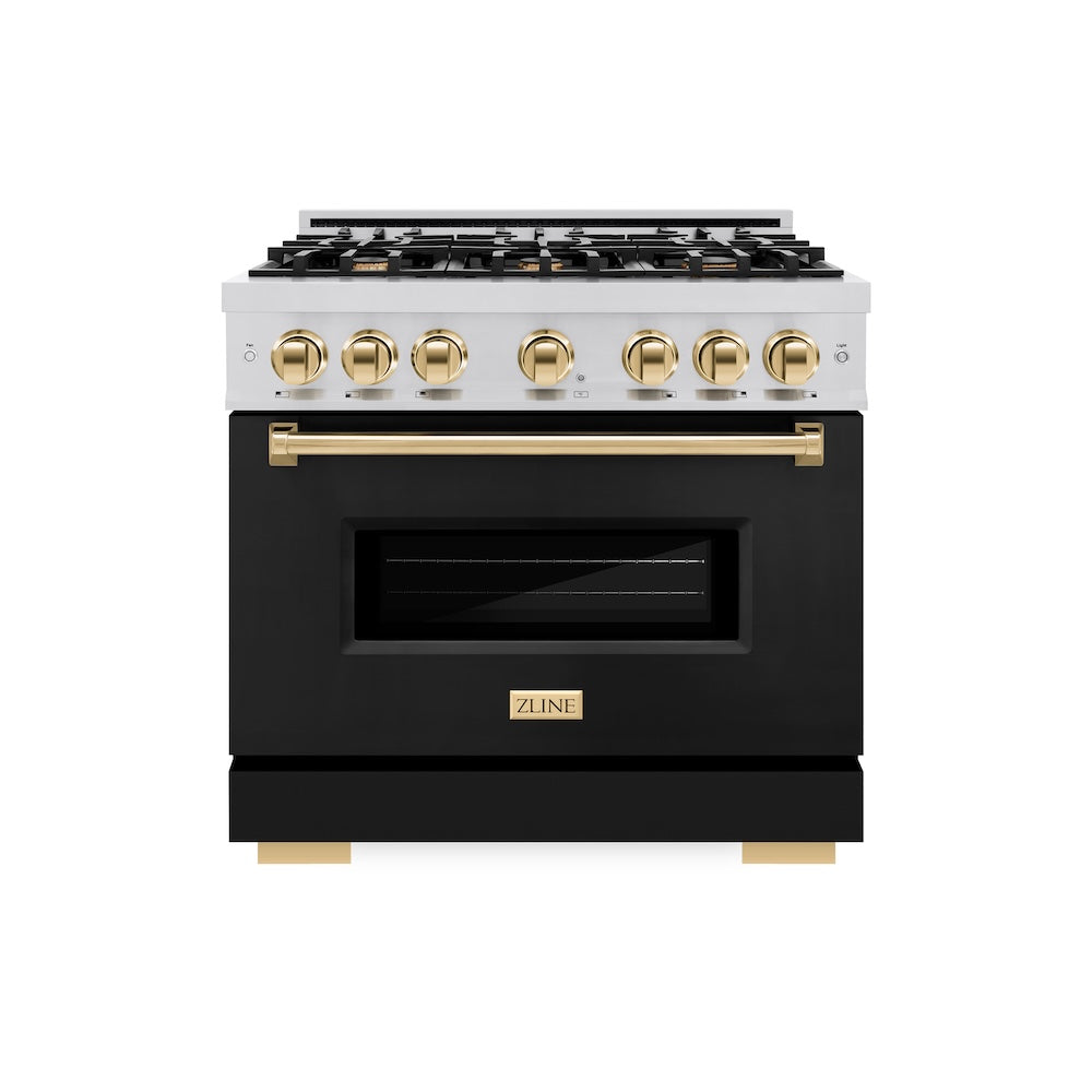 ZLINE Autograph Edition 36 in. 5.2 cu. ft. Classic Dual Fuel Range with 6 Burner Gas Cooktop and Electric Convection Oven in Stainless Steel with Black Matte Door and Polished Gold Accents, Open Box-Great Condition
