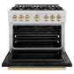 ZLINE Autograph Edition 36 in. 5.2 cu. ft. Classic Dual Fuel Range with 6 Burner Gas Cooktop and Electric Convection Oven in Stainless Steel with Black Matte Door and Polished Gold Accents (CDRZ-BLM-36-G)