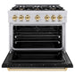 ZLINE Autograph Edition 36 in. 5.2 cu. ft. Classic Dual Fuel Range with 6 Burner Gas Cooktop and Electric Convection Oven in Stainless Steel with Black Matte Door and Polished Gold Accents, Open Box-Good Condition