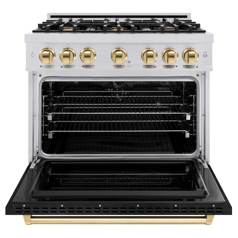 ZLINE Autograph Edition 36 in. 5.2 cu. ft. Classic Dual Fuel Range with 6 Burner Gas Cooktop and Electric Convection Oven in Stainless Steel with Black Matte Door and Polished Gold Accents, Open Box-Good Condition