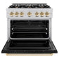 ZLINE Autograph Edition 36 in. 5.2 cu. ft. Classic Dual Fuel Range with 6 Burner Gas Cooktop and Electric Convection Oven in Stainless Steel with Black Matte Door and Polished Gold Accents, Open Box-Great Condition