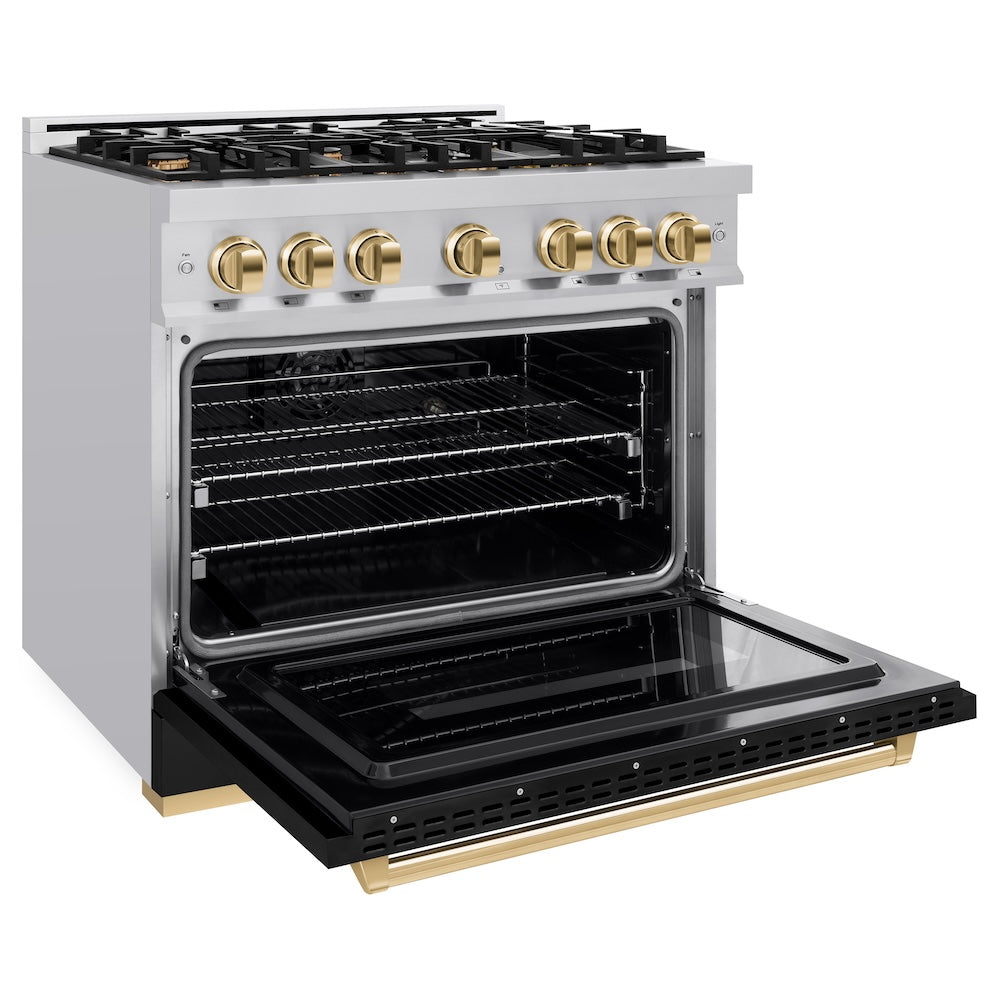 ZLINE Autograph Edition 36 in. 5.2 cu. ft. Classic Dual Fuel Range with 6 Burner Gas Cooktop and Electric Convection Oven in Stainless Steel with Black Matte Door and Polished Gold Accents (CDRZ-BLM-36-G) side, open.