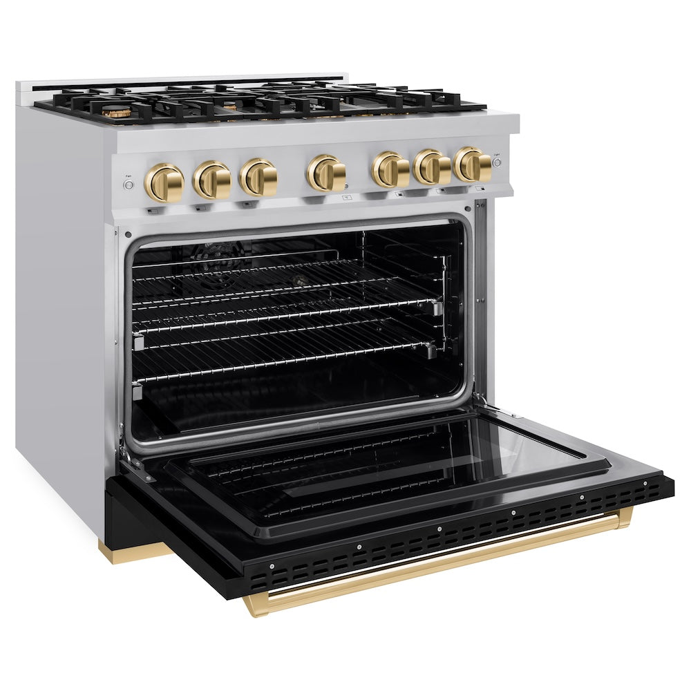 ZLINE Autograph Edition 36 in. 5.2 cu. ft. Classic Dual Fuel Range with 6 Burner Gas Cooktop and Electric Convection Oven in Stainless Steel with Black Matte Door and Polished Gold Accents, Open Box-Great Condition