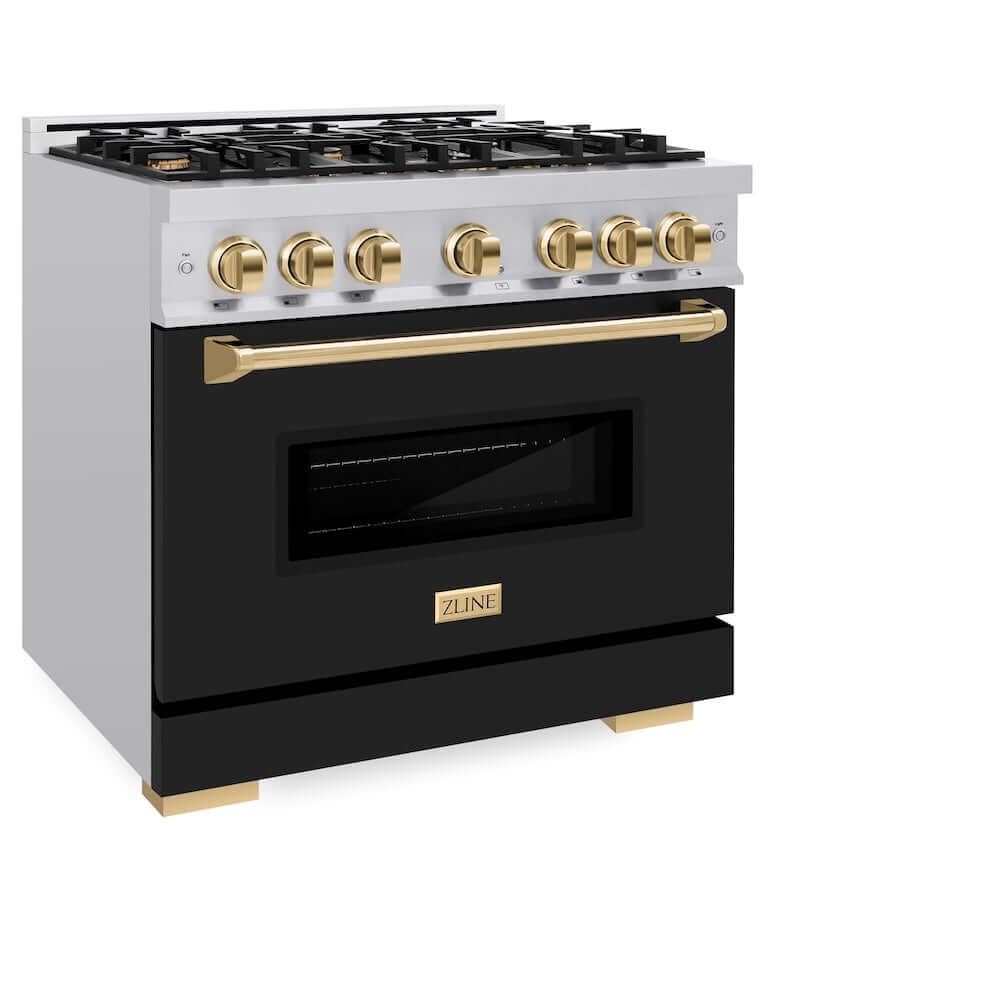 ZLINE Autograph Edition 36 in. 5.2 cu. ft. Classic Dual Fuel Range with 6 Burner Gas Cooktop and Electric Convection Oven in Stainless Steel with Black Matte Door and Polished Gold Accents, Open Box-Good Condition