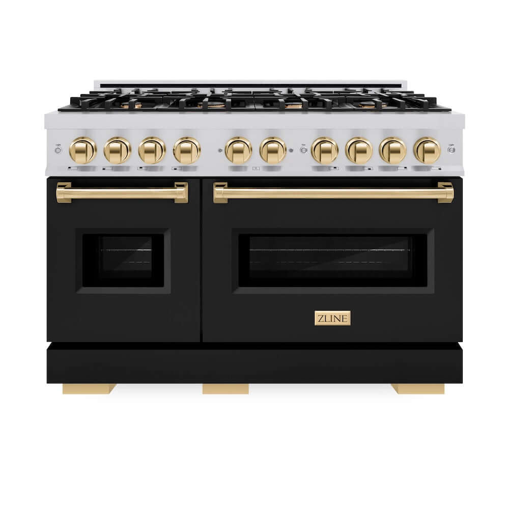 ZLINE Autograph Edition 48 in. 6.7 cu. ft. Classic Double Oven Dual Fuel Range with 8 Burner Gas Cooktop in Stainless Steel with Black Matte Doors and Polished Gold Accents, Open Box-Good Condition